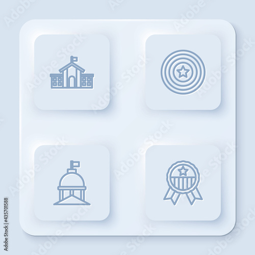Set line United States Capitol Congress, American star shield, White House and Medal with. White square button. Vector