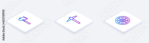 Set Isometric line Tomahawk axe, Pickaxe and Old wooden wheel. White square button. Vector
