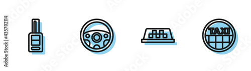 Set line Taxi car roof, Car key with remote, Steering wheel and icon. Vector