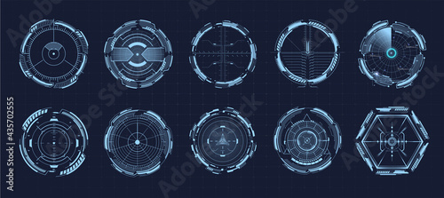 Modern aiming system ui, ux. Futuristic optical aim. Military collimator sight, gun targets focus range indication. Gaming and hi-tech. Sci-fi futuristic spaceship crosshair. Vector illustration