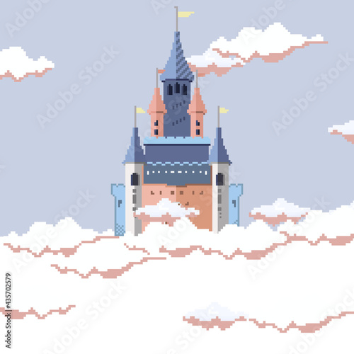 Pixel castle for 8bit games. Castle with clouds. Old school computer graphic style. Pixel art 8 bit.