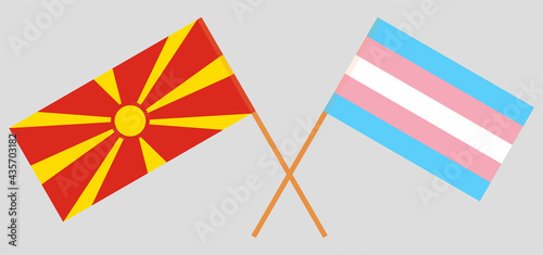 Crossed flags of North Macedonia and Transgender Pride. Official colors. Correct proportion