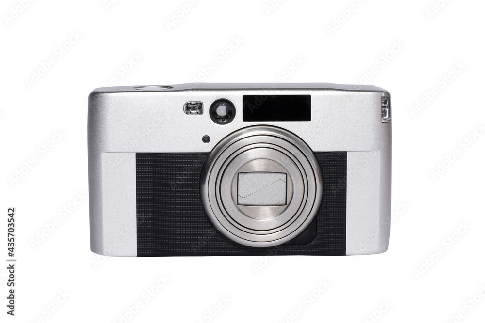 old film camera of silver color on a white isolated background