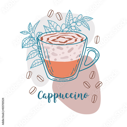 Glass cup of cappuccino coffee on pastel colorful background with coffee beans and coffee branch composition. Hand drawn poster with cappuccino label lettering. Stock vector illustration.