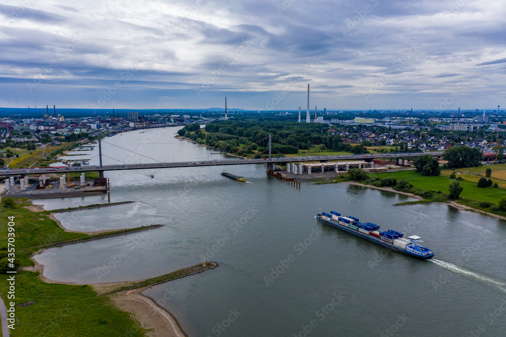 Panoramic view of the A1 motorway bridge on the Rhine near Leverkusen. Drone photography.