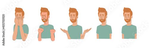 Portraits of male character representing five stages of grief: denial, anger, bargaining, depression and acceptance. Mental health concept. Flat vector illustration