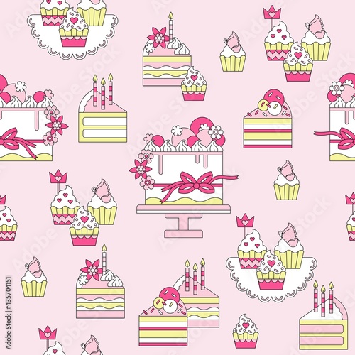 Cake  muffins  pastries  cake pieces. Seamless texture. Background with food. Celebration. Birthday. Vector illustration. 