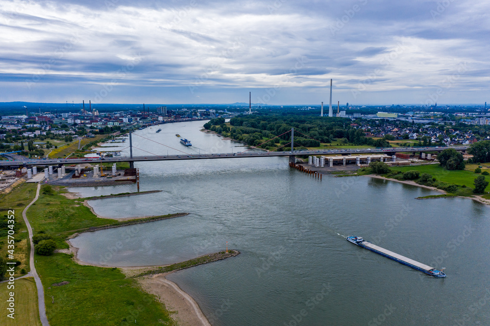 Panoramic view of the A1 motorway bridge on the Rhine near Leverkusen. Drone photography. Panoramic view of the A1 motorway bridge on the Rhine near Leverkusen. Drone photography.