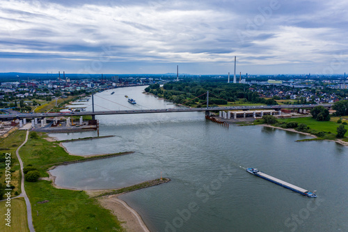 Panoramic view of the A1 motorway bridge on the Rhine near Leverkusen. Drone photography. © Bernhard