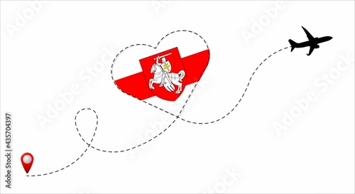 Airplane flight route with the flag and coat of arms of Belarus inside the heart. Travel to your favorite country.