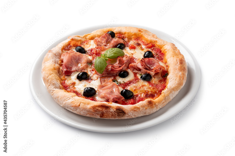 Pizza con prosciutto cotto, sugo, mozzarella e olive nere