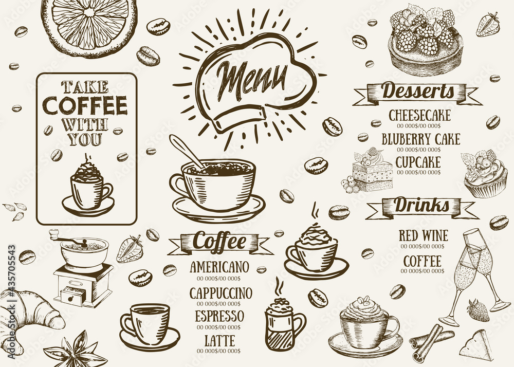 Coffee house menu. Restaurant cafe menu, template design. Food flyer.	