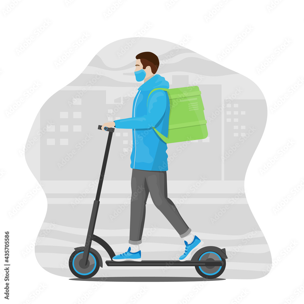 Flat design concept, a delivery man wearing face masks. Courier delivering on an electric scooter. Flat design concept, a delivery man wearing face masks. Courier delivering on an electric scooter.