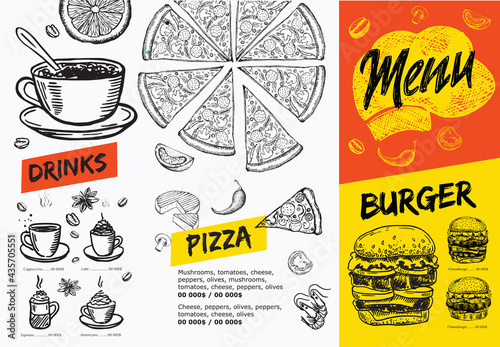 Restaurant menu design. Food flyer. Hand-drawn style. Vector illustration. 