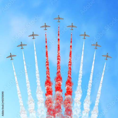 Foto Vector illustration with planes and trails in white, and red colors isolated on sky background