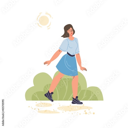 Vector flat cartoon girl character walking outdoor at summer season time - fashion emotions healthy lifestyle social concept