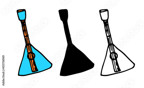 vector balalaika or magdol. Hand-drawn set of isolated elements in doodle style Musical string instrument triangular shape in blue color, black outline and silhouette on white background for design te