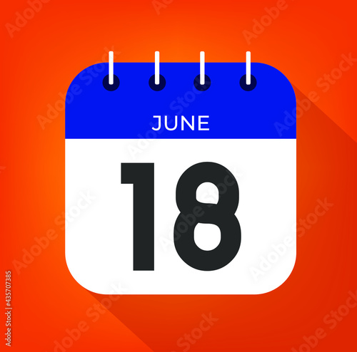 June day 18. Number eighteen on a white paper with blue color border on a orange background vector.