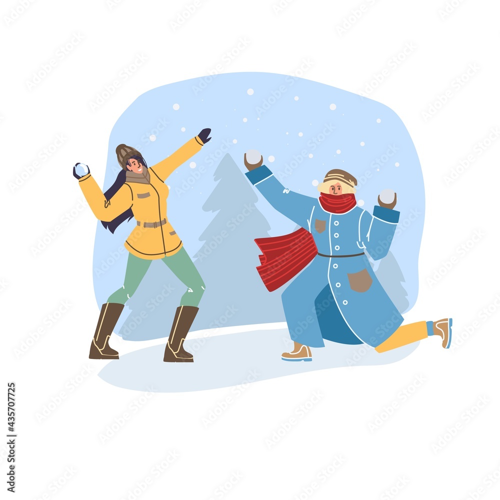 Vector flat cartoon characters in winter season outdoor playing snowballs - fashion,emotions,healthy lifestyle social concept Vector flat cartoon characters in winter season outdoor playing snowballs - fashion,emotions,healthy lifestyle social concept