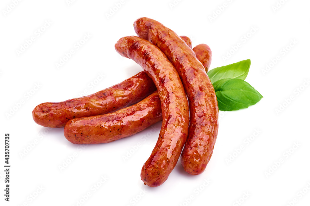 Roasted breakfast sausages, isolated on white background. High resolution image. Roasted breakfast sausages, isolated on white background. High resolution image.