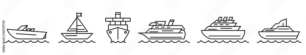 Ship icon. Set of ship icons. Vector illustration. Shipping or cruise linear icons Ship icon. Set of ship icons. Vector illustration. Shipping or cruise linear icons