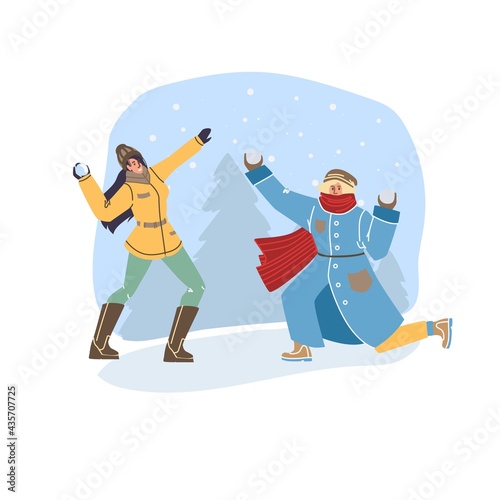 Vector flat cartoon characters in winter season outdoor playing snowballs - fashion,emotions,healthy lifestyle social concept
