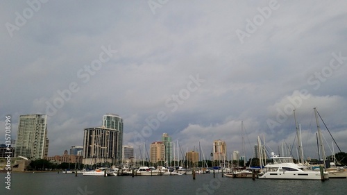 Dark clouds over a boat marina
