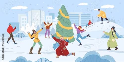 Flat cartoon family characters doing winter outdoor activities - sporting,shopping,playing snowballs in snow weather - merry christmas,happy New Year holiday celebration concept