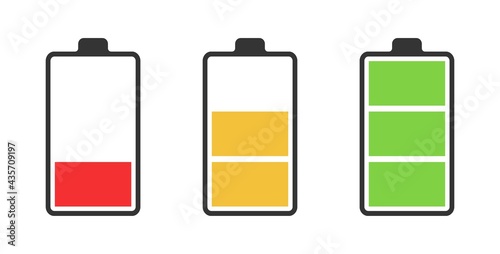 Set of three batteries with low, medium and high charge. Icons. Vector illustration.