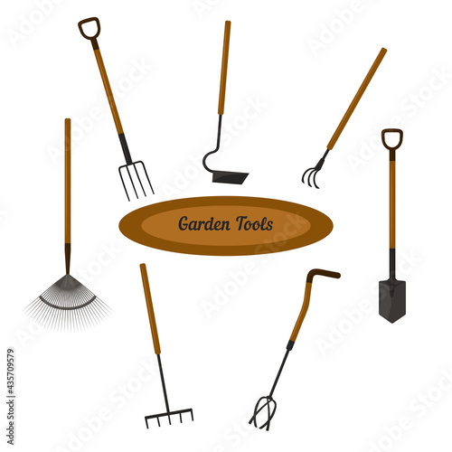 Garden tools collection. Set of gardening instruments for horticulture rake, shovel, cultivator, hoe, hayfork.