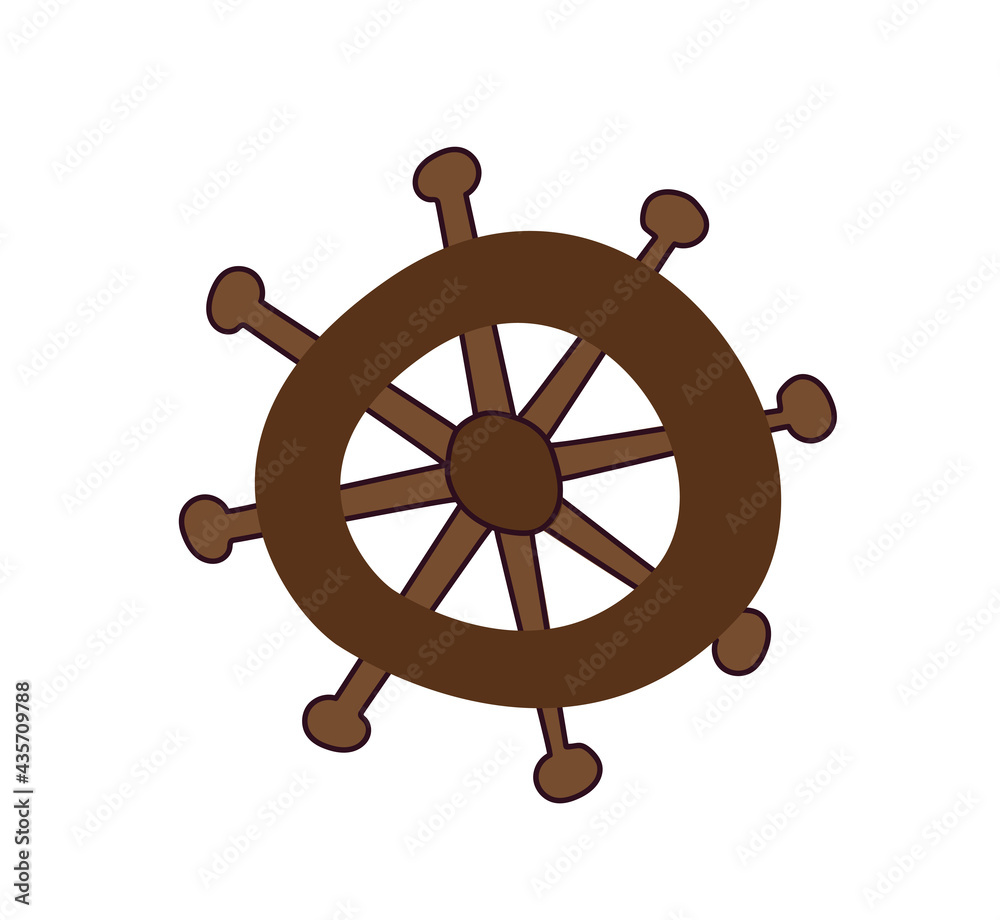 Ship wheel marine wooden vintage vector illustration on white background. Cartoon steering wheel of a pirate ship