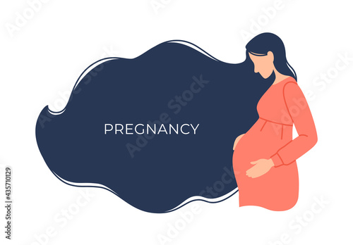 Flat pregnant woman isolated banner. Caucasian expectant mother waiting baby birth touching belly. Pregnancy background. Happy pretty lady parenthood. Child anticipation parenting vector illustration.
