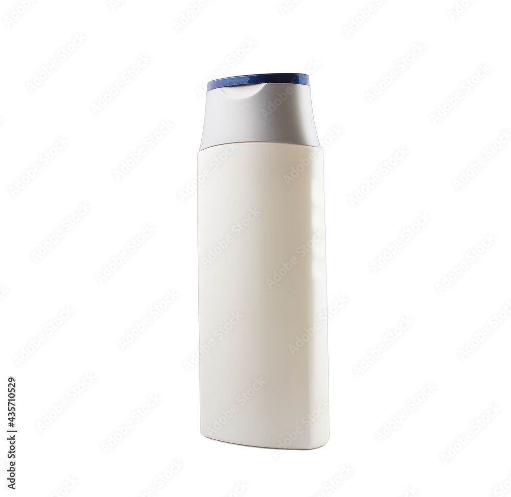 white bottle with shower gel with blue cap. place for text, blank. white bottle with shower gel with blue cap. place for text, blank.