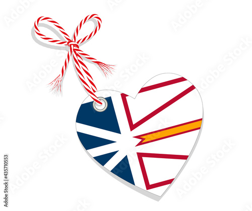 Fahne als Herz  „I Love Neufundland u Labrador“ mit Kordel-Schleife,
Vektor Illustration isoliert auf weißem Hintergrund
