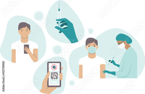 Set for vaccination against covid-19. Immunity passport. Safe travel due coronavirus outbreak. Valid digital  certificate with qr code. Young man gets his vaccine shot