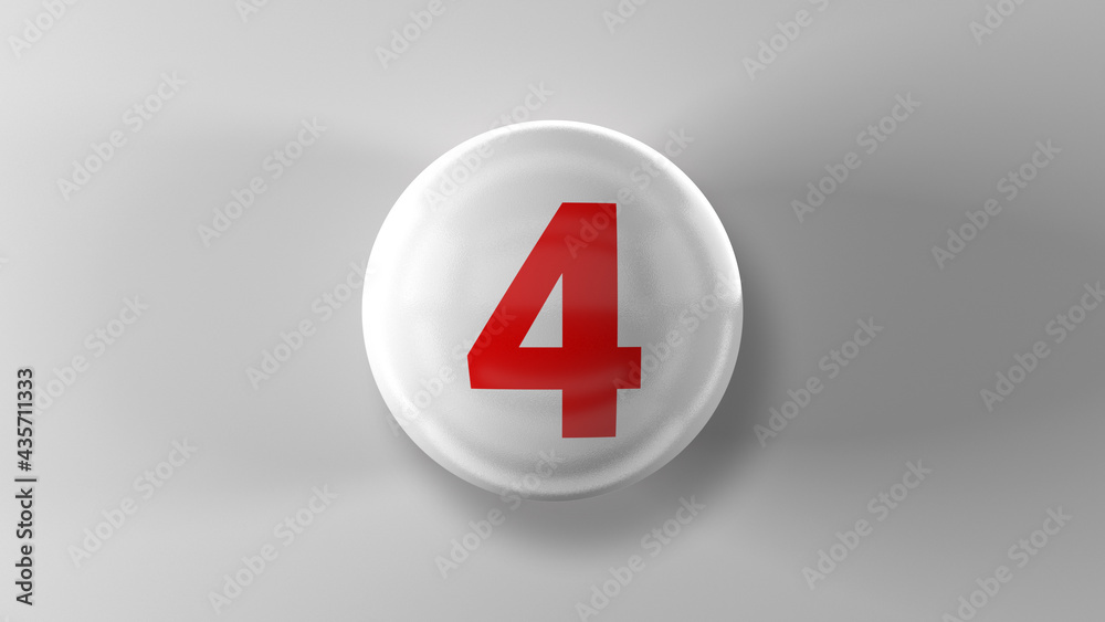 Number 4 on glossy white ball. 3d. 3D rendering. White ball on white background Number 4 on glossy white ball. 3d. 3D rendering. White ball on white background