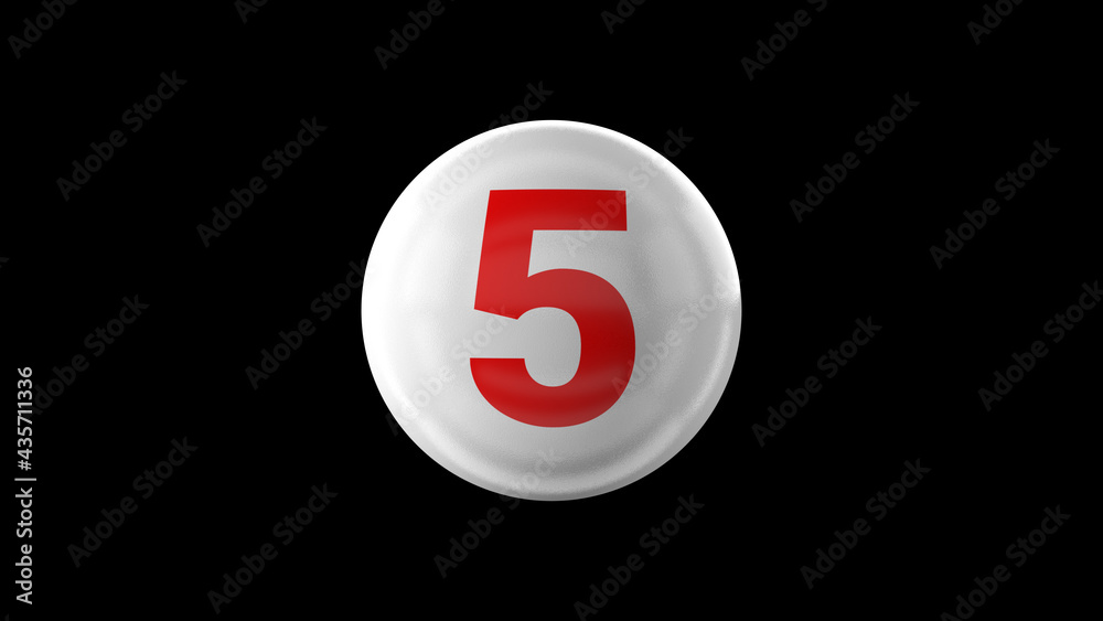 Number 5 on glossy white ball. 3d. 3D rendering. White ball on black background Number 5 on glossy white ball. 3d. 3D rendering. White ball on black background
