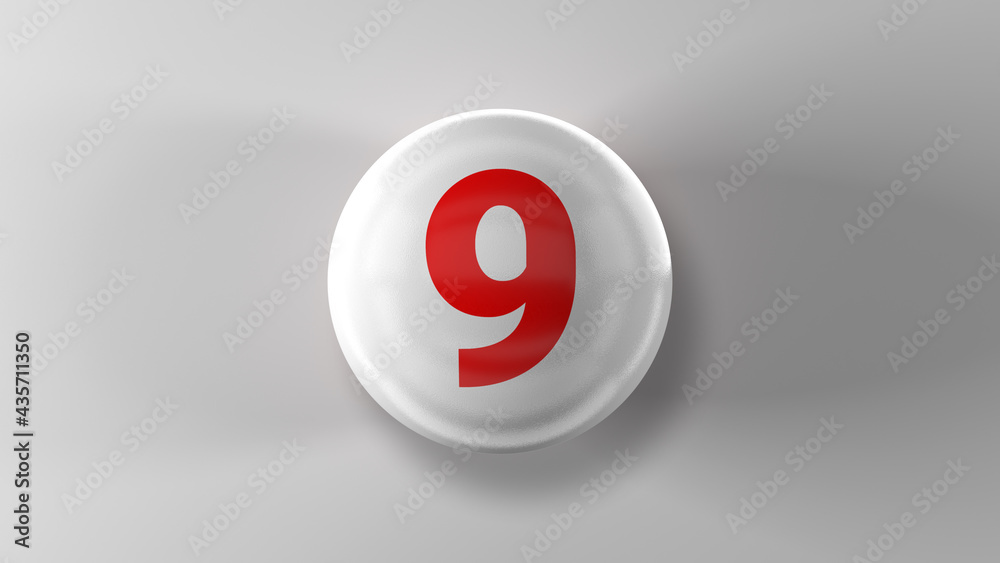 Number 9 on glossy white ball. 3d. 3D rendering. White ball on white background Number 9 on glossy white ball. 3d. 3D rendering. White ball on white background