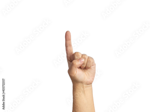 Pointing finger hand isolated on white background doing one
