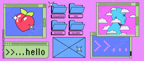 Retrowave style desktop with message boxes, terminal console window and user interface elements. Retro OS in vaporwave 80's vintage stylization.