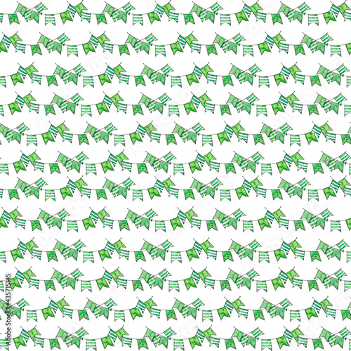 Watercolor hand drawn sketch seamless pattern background with illustration of garland of green flags with white stripes isolated on white