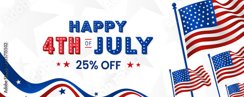 Happy 4th of July modern trendy design with sale, off, discount, offer, 3d star lettering, typography design on waving American flag on the banner background