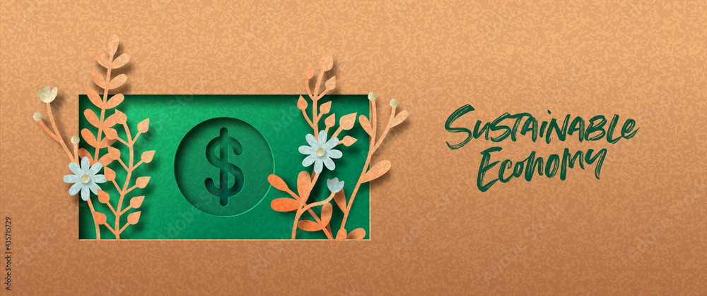 Sustainable economy green nature paper cut banner - obrazy, fototapety, plakaty 