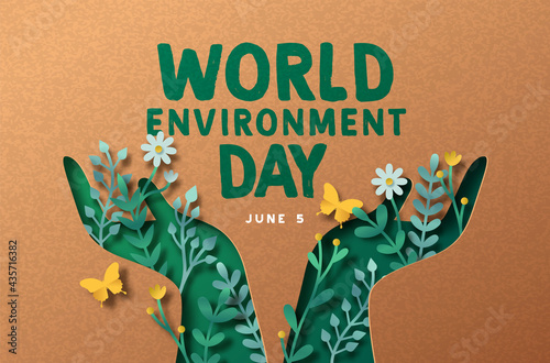 Environment Day green paper cut people hand card