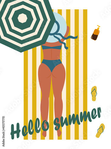 Hello summer. Beach holiday attributes. Striped umbrella and towel, flip flops and body lotion. A girl in a bathing suit sunbathes in the sun. Trending colors of 2021. Vector graphics.