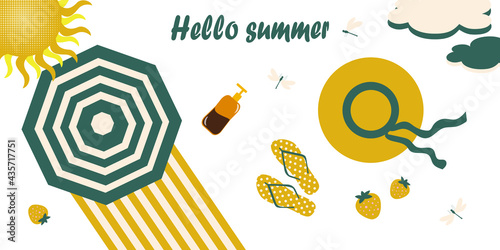 Hello summer. Beach Vacation Attributes. Striped umbrella and towel, flip flops and suntan lotion. Trending colors 2021. Vector graphics.
