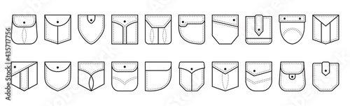 Patch pocket vector icon, buttons and dotted line seam of jeans shirt and pants. Denim clothes pockets different shapes casual style. Front view. Fashion illustration