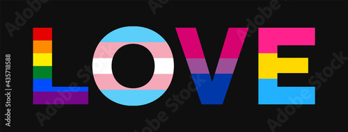 Love Typography With LGBTQ Sexual Identity Flags. Pride Flag Text Illustration on Black Background. Vector Banner for LGBT Pride Month