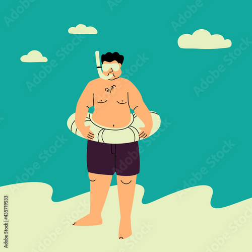 A chubby man in an underwater mask and an inflatable ring. Funny flat vector illustration. Fat person in a swimsuit on the beach. Sports plus size persons.