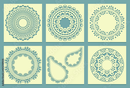 Die and laser cut screen panels with Mandala pattern. Laser cutting decorative lace patterns. Set of Stencils for home decor or design greeting card templates.